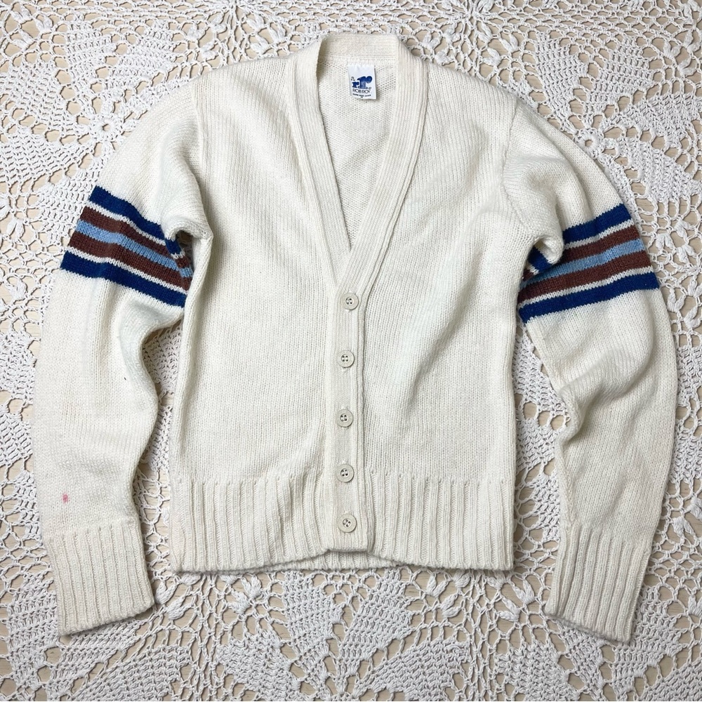 Vintage 1980s Rob Roy Boy 8-10 Years Striped Sleeves Preppy Cardigan Sweater